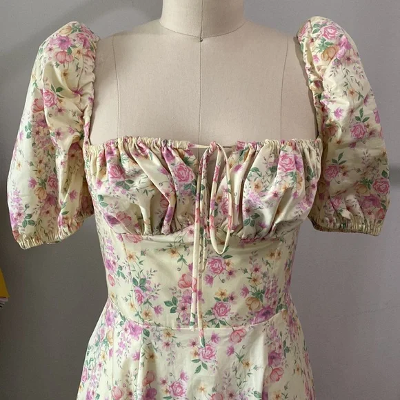 House of CB Cream Floral Puff-Sleeve Midi Dress with Pink & Green Accents - Picture 3 of 9